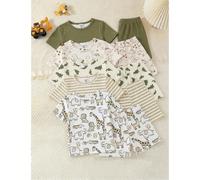 [5 jeux envoyés au hasard, 2 jeux] Ensemble mode printemps/été bébé garçon, mignon, imprimé monde de dinosaures et d'animaux, rayures classiques et vert unicolore, col rond, élastique, tricot ajusté,
