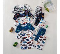 [5 jeux envoyés au hasard, 2 jeux] Jeune garçon Ensemble de pyjama 4 pièces en tricot à col ras du cou et manches courtes, avec des imprimés graphiques mignons de voiture, dinosaure, extraterrestre, f