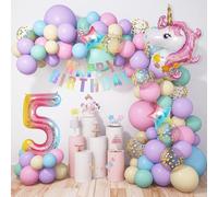 5 Licorne Ballons Arch 120Pièces Ballons Anniversaire Fête Décorations Fille Licorne 5Ans Aluminium Ballons Rose Violet Macaron Latex Confetti Ballons pour Anniversaire Baby Shower Fête Décorations