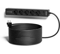 5 m Power Strip with USB C, Black Power Strip with 5 Sockets, Comes with Wall Mount, Wall Mounting, with Switch, Protection for Children, Black