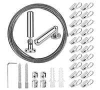 [5 mètres] Kit de câble en Acier pour Rideaux avec ferrures et (20) Pinces à linge pour Vêtements a l'extérieur/Intérieur/Accueil/Voyage