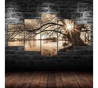 5 morceaux de toile art,5 pieces impression encadree,5 pieces peinture sur toile,impression sur toile 5 parties Vintage arbre soleil rayons lac paysage décoration murale salon moderne xxl 150x80cm