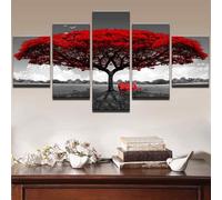 5 morceaux de toile art,5 pieces impression encadree tableaux,5 pieces peinture sur toile,impression sur toile 5 parties Banc d'arbre rouge, paysage de parc relaxant décoration murale salon 150x80cm