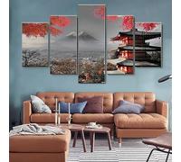 5 morceaux de toile art,5 pieces impression encadree tableaux,5 pieces peinture sur toile,impression sur toile 5 parties Temple japonais en automne noir blanc rouge décoration murale salon 150x80cm