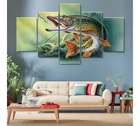5 morceaux de toile art,5 pieces impression encadree tableaux,5 pieces peinture sur toile,impression sur toile 5 parties Pêche au brochet avec hameçon décoration murale salon moderne xxl 100x55cm