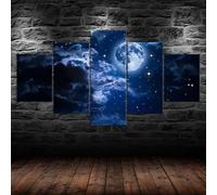 5 morceaux de toile art,5 pieces impression encadree tableaux,5 pieces peinture sur toile,impression sur toile Pleine lune, ciel étoilé nuageux 5 parties décoration murale salon moderne xxl 150x80cm