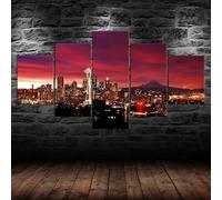 5 morceaux de toile art,5 pieces impression encadree tableaux,impression sur toile Coucher de soleil rouge à Seattle,ciel nocturne,paysage urbain 5 parties décoration murale salon moderne xxl 150x80cm