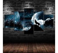 5 morceaux de toile art,5 pieces impression encadree tableaux,impression sur toile Nuit de pleine lune Ciel étoilé Rugissement du loup 5 parties décoration murale salon moderne xxl 150x80cm
