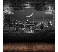 5 morceaux de toile art,5 pieces impression encadree tableaux,impression sur toile Pont de Brooklyn, ciel étoilé, lune, photo noir et blanc 5 parties décoration murale salon moderne xxl 150x80cm