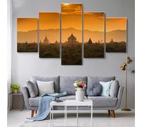5 morceaux de toile art,5 pieces impression encadree tableaux,peinture sur toile,impression sur toile Lever de soleil sur un temple au Cambodge 5 parties décoration murale salon moderne xxl 150x80cm