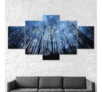 5 morceaux de toile art Ciel étoilé, forêt bleue, arbres, paysage,5 pieces impression encadree tableaux,peinture sur toile,impression sur toile 5 parties décoration murale salon moderne xxl 100x55cm