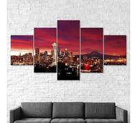 5 morceaux de toile art Coucher de soleil rouge à Seattle,ciel nocturne,paysage urbain,5 pieces impression encadree tableaux,impression sur toile 5 parties décoration murale salon moderne xxl 100x55cm