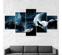 5 morceaux de toile art Nuit de pleine lune Ciel étoilé Rugissement du loup,5 pieces impression encadree tableaux,impression sur toile 5 parties décoration murale salon moderne xxl 100x55cm