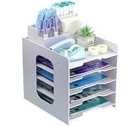 5 Niveaux Bac à Courrier Empilable, Corbeille à Courrier, A4 Organisateur de Bureau Bois Plastique, Plateau de Papier Blanc, Banette de Rangement Bureau, Range Document Bureau pour Maison École