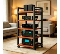 5 Niveaux Meuble HiFi, Meuble Vinyle en Bois Et Acier avec, Hauteur Réglable, Support Multimédia, pour Bureau À Domicile Et Salon(Teak)