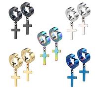 5 Paires Boucles d'Oreilles Non Percées Acier Inoxydable, Croix Clip Créole Anneaux Pendante - Homme Femme Argent Or Noir 14MM