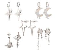 5 Paires de Boucles d'Oreilles Y2K pour Femmes, Style Gothique Punk Argenté Forme Étoile Lune et Papillon Bijoux
