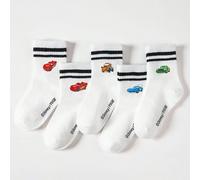 5 paires de chaussettes mi-mollet pour enfants avec motif de dessin animé Disney Cars et doubles rayures. Design Disney adorable, chaussettes décontractées et respirantes, idéales pour le port quotidi