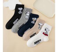 5 paires de chaussettes mi-mollet pour femmes avec motif d'expression de chiot de la série SNOOPY authentique 39-42,36-39Cartoon,LettresÉtoffe