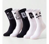 5 paires de chaussettes mi-mollet unisexes assorties aléatoirement noir & blanc avec motif graphique anglais graffiti sourire du diable, doux pour la peau, durable, confortable, respirant, style stree