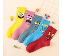 5 paires de chaussettes mi-mollet unisexes pour hommes, motif jacquard multicolore personnalisé et amusant de la série Bob l'éponge avec expression d'œil d'octopus. Convient pour le sport et l'usage q