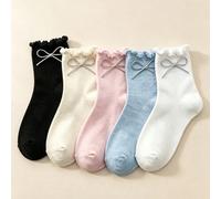 5 paires de mi-mollets pour femmes, style printemps/été avec bordure champignon et décoration nœud, mettant en valeur un style de jeune fille doux et charmant. Des détails de conception raffinés et un