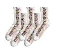 5 Pairs Vintage Embroidered Floral Socks, Crew Socks Ethnic Jacquard Knit, Floral Knit Vintage Cotton Women Sockss (5*white)