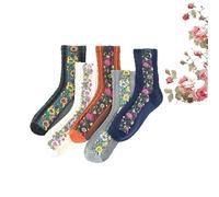 5 Pairs Vintage Embroidered Floral Socks, Crew Socks Ethnic Jacquard Knit, Floral Knit Vintage Cotton Women Sockss (5pairs)