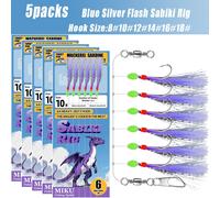 5 paquets d'avançons Sabiki bleu argent éclair, combo d'hameçons pour eau salée et eau douce, convient pour le maquereau atlantique, la sardine du Pacifique, l'anchois du Nord, le menhaden/bunker atla