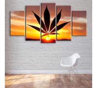 5 Parties Murale Decor Affiches Toile Imprimée Murale Tableau Toile Décorative Murale Feuilles de cannabis au coucher du soleil Art Mural 5 Pièces Toile Imprimée Tableau Imprimé Sans Cadre 150*80cm