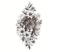 5 Pc Tatouage Ephemere De Lion - Avec Des Fleurs En Noir - Tatouage Ephemere Temporaire De La Peau