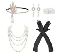 5 Pcs Accessoire Année 20 Femme, Accessoires Gatsby Costume, Mode Theme Charleston Accessoires, avec boucle d’oreille collier Gant Bracelet Couvre-chef, pour La Mascarade Halloween Noël Carnaval