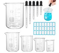 5 Pcs Bécher Gradué en Verre Borosilicate, 25ml/50ml/100ml/250ml/500ml Bécher en Verre de Laboratoire, Tasse à Mesurer Verre avec Burette Graduée et Autocollant pour Laboratoire