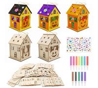 5 Pcs DIY Kit Maison de Citrouille,Maison de Halloween Crafts en Bois,Kit de Loisirs Créatifs Automne pour Enfants,Bricolage Automne en Bois Avec 12 stylos Liquides aquarelle et Autocollants Diamant