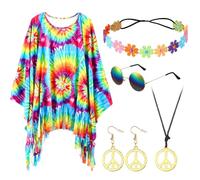 5 Pcs Ensemble de Costumes des Années 60 et 70 Poncho Tie-Dye Bandeau Fleuri Lunettes de Soleil Rétro Boucle d'Oreille Collier Signe de Paix Accessoires de Déguisement Hippie pour Femme(Classique)
