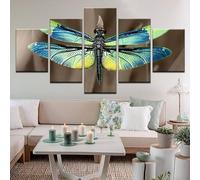 5 Pcs Iridescent bleu et vert Dragonfly Close-up Impression sur Toile Image Abstraite Peintures Décoration Murale pour Chambre Maison Bain