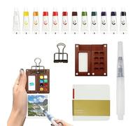5 Pcs Mini Kit Aquarelle Voyage, Palette Aquarelle Miniature Peinture avec Palette en Bois Portable 8 Grids, 12 Couleurs Aquarelles avec Carnet de Croquis Pinceau et Clip en Métal pour Débutants