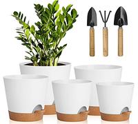 5 Pcs Pots de Fleurs en Plastique,17.8/16.5/15.2/13.9/12.7cm Pots à Fleurs/Plantes en Plastique,Auto-Arrosant avec Soucoupe de Fleur Convient aux Jardins de Balcon Intérieurs(Blanc Marron)