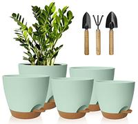 5 Pcs Pots de Fleurs en Plastique, 17.8/16.5/15.2/13.9/12.7cm Pots à Fleurs/Plantes en Plastique, Auto-Arrosant avec Soucoupe de Fleur Convient aux Jardins de Balcon Intérieurs(Brun Verdâtre)