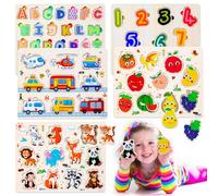 5 pcs Puzzles en Bois pour Enfants, Montessori Jouet Éducatif d'éveil pour Bébés, Alphabet Nombre Forme Véhicules Fruit Animal Jeuets Educatifs Apprentissage pour Bébés 2 3 4 Ans (Moderne)