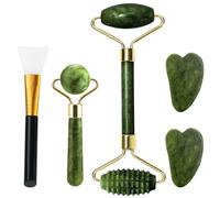 5 Pièce Jade Visage Kit de Beauté Anti-rides Rouleau de Jade Authentique et Gua Sha rouleau de pour Tonifier et Raffermir la Peau Masseur Facial pour le Visage et Les Yeux