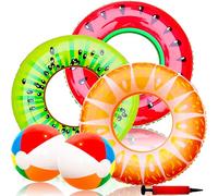 5 Pièce Jouet de Piscine, Gonflable Bouée Piscine 90cm avec Ballon de Plage, Pompe, Anneau de Natation pour Adultes Enfant, PVC Bouée Fruitée Jouet pour Intérieur Extérieur Fête de Piscine Plage