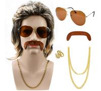 5 Pièces 70s 80s Costume de Perruque Rock Accessoires Perruque Mulet Homme des années 80 Perruque Hippie avec Lunettes de Soleil, Collier, bague, fausse barbe, Perruque rock pour Halloween Carnaval