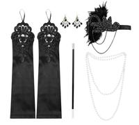 5 Pièces Accessoire Année 20 Femme, Accessoires Charleston Année 20, Accessoires Gatsby Costume Set, avec Flapper Bandeau, Gants, Collier, Boucles d'oreilles, pour Halloween Noël Mascarade