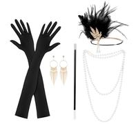 5 Pièces Accessoire Année 20 Femme, Accessoires Gatsby Costume Set, Accessoires Charleston Année 20, avec Flapper Bandeau, Gants, Collier de Perles, Boucles d'oreilles, pour Halloween Noël Carnaval