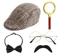 5 Pièces Accessoires de Costume de Détective, Sherlock Holmes Cosplay Accessoires avec chapeau de Détective Lunettes Fausse Moustache Loupe Nœud papillon pour Carnaval Fête Halloween
