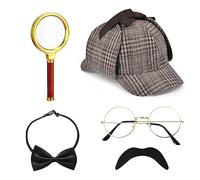 5 Pièces Accessoires de Costume de Détective, Sherlock Holmes Cosplay Accessoires avec chapeau de Détective Lunettes Fausse Moustache Loupe Nœud papillon pour Carnaval Fête Halloween