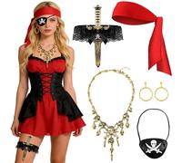 5 Pièces Accessoires de Costume Pirate,Deguisement Pirate Femme,avec Bandana,Cache Oeil,Collier,Boucles D'Oreilles,Porte-Jarretelles en Forme de Poignard,Accessoires de Carnaval Pirates pour Cosplay