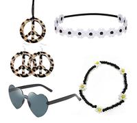 5 Pièces Accessoires Hippie Deguisement Hippie Lunettes hippie collier boucles d'oreilles et bracelet signe de paix pour une soirée musicale années 60/70(Léopard)