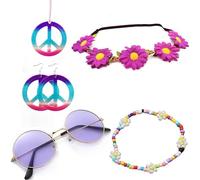 5 Pièces Accessoires Hippie Deguisement Hippie Lunettes hippie collier boucles d'oreilles et bracelet signe de paix pour une soirée musicale années 60/70(A)